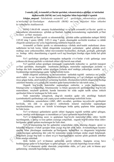 avtomobil yo‘llarini qurish va rekonstruksiya qilish uchun me’yoriy hujjatlari o‘rganish — DOC