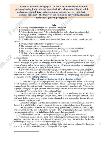 umumiy pedagogika – ta'lim tarbiya nazariyasi — DOC
