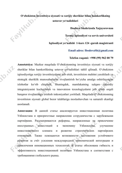 o‘zbekiston investitsiya siyosati va xorijiy sheriklar bilan hamkorlikning ustuvor yo‘nalishlari — DOC
