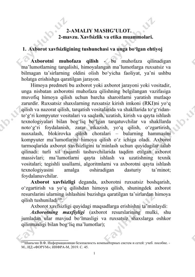 axborot xavfsizligi va etika muammolari — DOC
