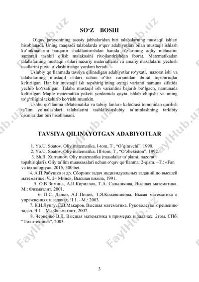 talabalarning mustaqil ishlari uchun matematika qo‘llanmasi — DOC