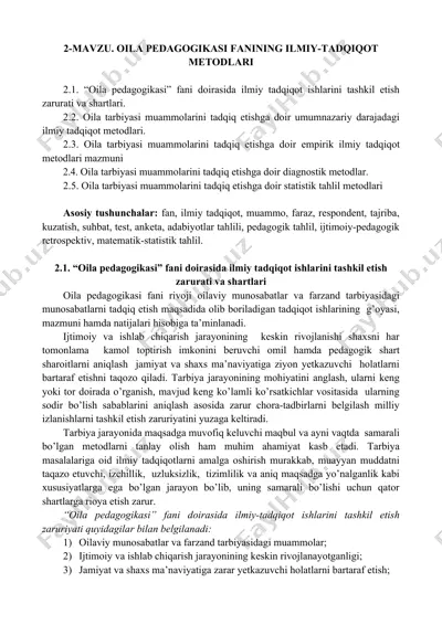 “oila pedagogikasi” fani doirasida ilmiy tadqiqot ishlarini tashkil etish zarurati va shartlari — DOC
