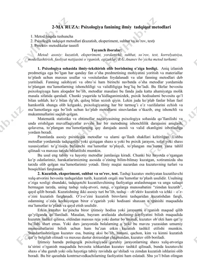 psixologiya fanining ilmiy tadqiqot metodlari — DOC