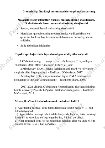 iqtisodiy islohotlar, xususiy mulkchilikning shakllanishi. o‘zbekistonda bozor munosabatlarining rivojlanishi — DOC