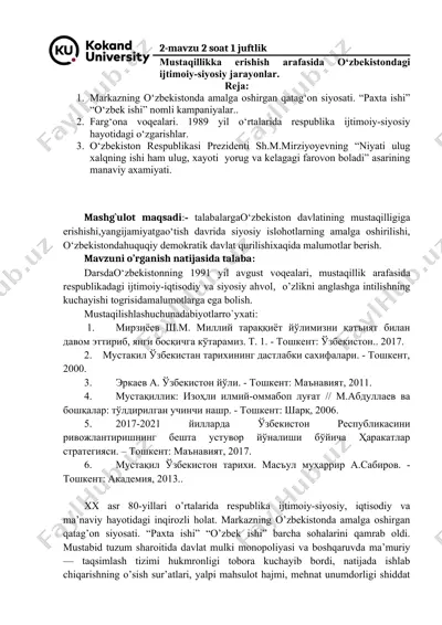 mustaqillikka erishish arafasida o‘zbekistondagi ijtimoiy-siyosiy jarayonlar — DOC