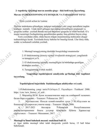 o'zbekistonning o'z istiqlol va taraqqiyot yo'li topshiriqlari — DOC