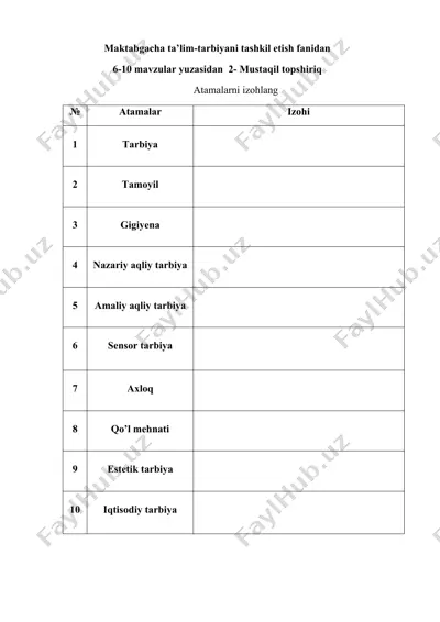 maktabgacha ta'lim-tarbiyani tashkil etish fanidan 6-10 mavzular yuzasidan 2-mustaqil topshiriq — DOC
