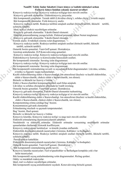 fizikaviy kimyo fanidan yakuniy nazorat savollari — DOC