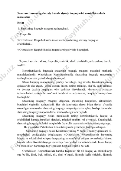 insonning shaxsiy hamda siyosiy huquqlarini mustalhkamlash masalalari — DOC