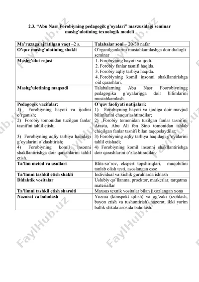 abu nasr forobiyning pedagogik g’oyalari mavzusidagi seminar mashg’ulotining texnologik modeli — DOC