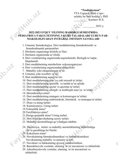 farmakologiya integral imtixon savollari — DOC
