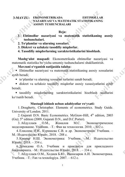 ekonometrikada ehtimollar nazariyasi va matematik statistikaning asosiy tushunchalari — DOC
