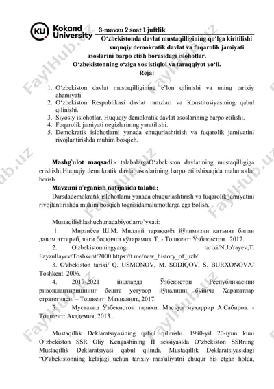 o‘zbekistonda davlat mustaqilligining qo‘lga kiritilishi xuquqiy demokratik davlat va fuqarolik jamiyati                                        asoslarini barpo etish borasidagi islohotlar. — DOC