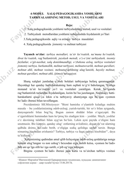 xalq pedagogikasida yoshlarni tarbiyalashning metod, usul va vositalari — DOC
