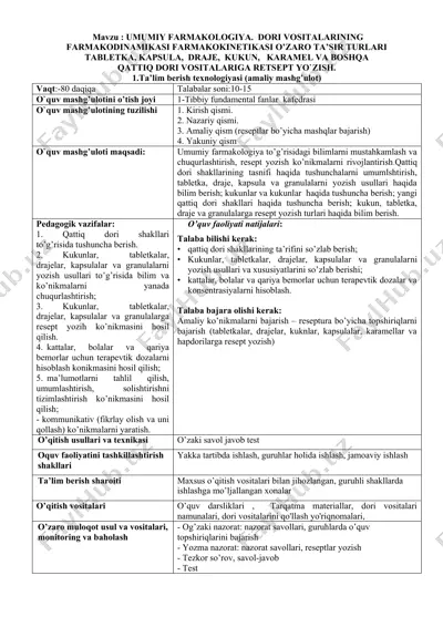 umumiy farmakologiya. dori vositalarining farmakodinamikasi farmakokinetikasi o'zaro ta'sir turlari tabletk, kapsula, draje, kukun, karamel va boshqa — DOC