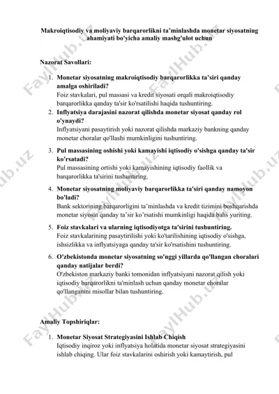 makroiqtisodiy va moliyaviy barqarorlikni ta’minlashda monetar siyosatning ahamiyati bo'yicha amaliy mashg'ulot uchun — DOC
