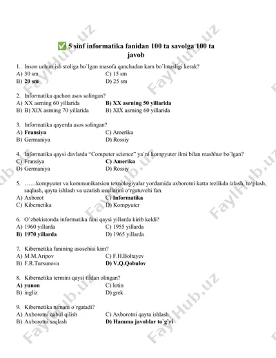 5-sinf informatika fanidan 100 ta savolga 100 ta javob — DOC