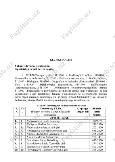 yakuniy davlat attestatsiyasini topshirishga ruxsat berish haqida — DOC