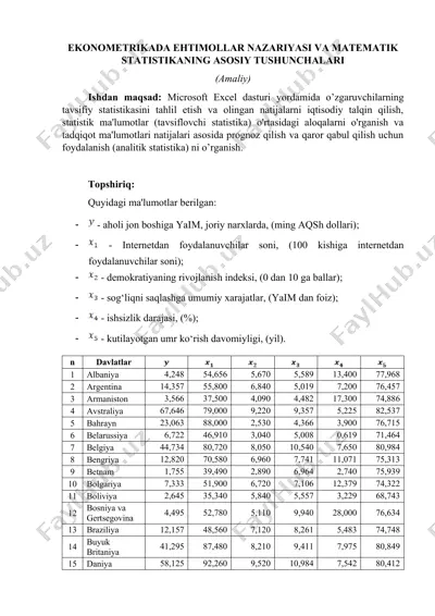 ekonometrikada ehtimollar nazariyasi va matematik statistikaning asosiy tushunchalari — DOC