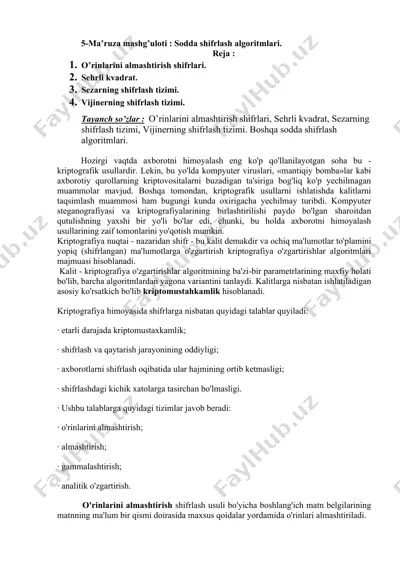 sodda shifrlash algoritmlari — DOC