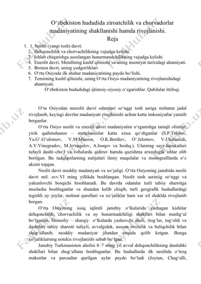 o‘zbеkiston hududida ziroatchilik va chorvadorlar madaniyatining shakllanishi va rivojlanishi — DOC