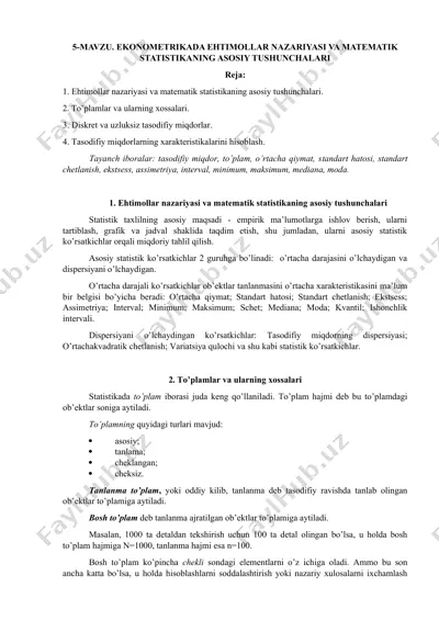 ekonometrikada ehtimollar nazariyasi va matematik statistikaning asosiy tushunchalari — DOC