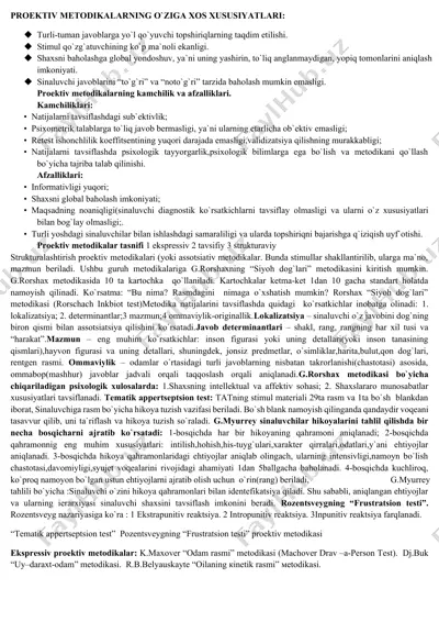 proektiv metodikalar va ularning xususiyatlari — DOCX