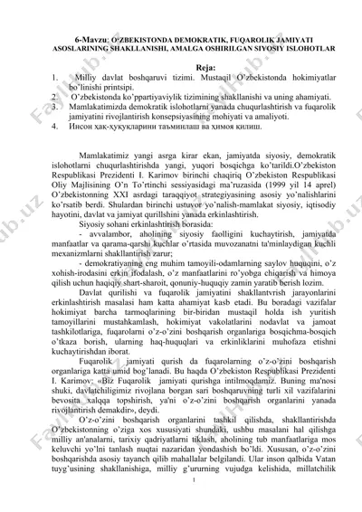 o'zbekistonda demokratik, fuqarolik jamiyati asoslarining shakllanishi, amalga oshirilgan siyosiy islohotlar — DOC