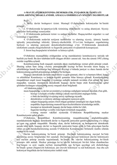 o‘zbekistonda demokratik, fuqarolik jamiyati asoslarining shakllanishi, amalga oshirilgan siyosiy ishlohlar — DOC