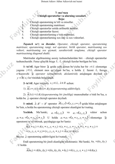 chiziqli operatorlar va ularning xossalari — DOC
