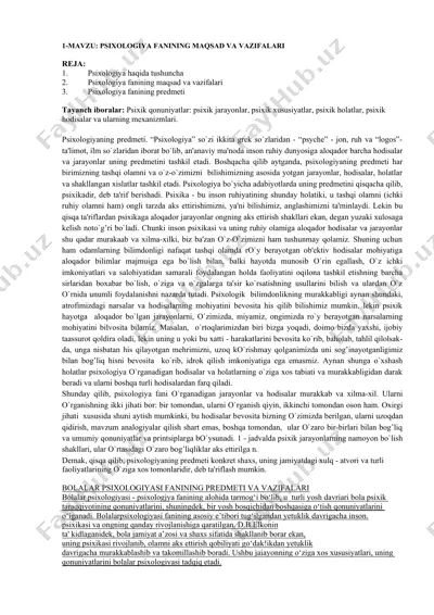 psixologiya fanining maqsad va vazifalari — DOC