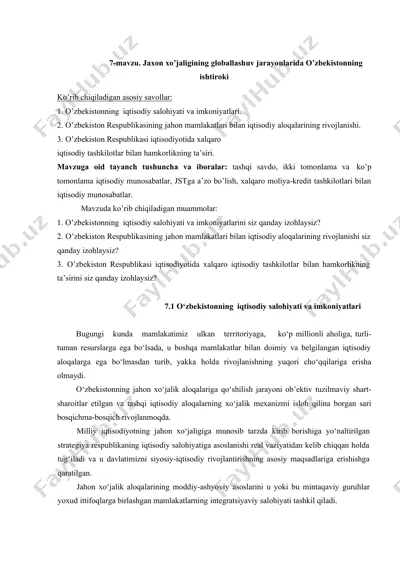 o'zbekistonning jahon xo'jaligining globallashuv jarayonlarida ishtiroki — DOC