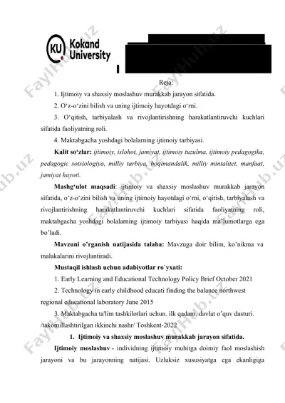 maktabgacha yoshdagi bolalarda ijtimoiy moslashuvning zaruriyati — DOC