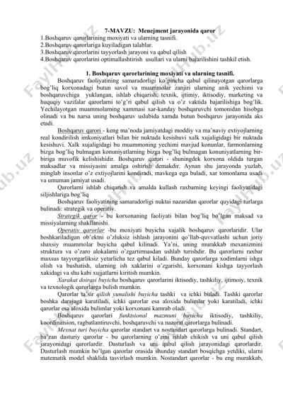 boshqaruv qarorlarining moxiyati va ularning tasnifi — DOC