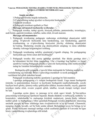 pedagogik texnika haqida tushuncha pedagogik texnikani shakllantirish metodikasi — DOC