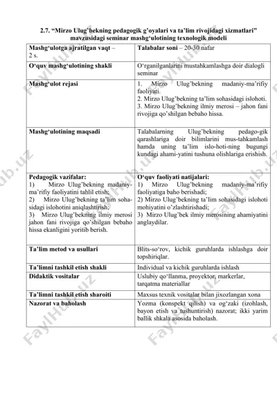 "mirzo ulug’bekning pedagogik g’oyalari va ta’lim rivojidagi xizmatlari" mavzusidagi seminar mashg‘ulotining texnologik modeli — DOC