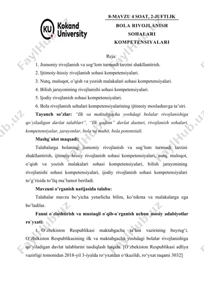 bola rivojlanish sohalari kompetensiyalari — DOC