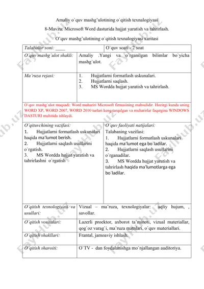 microsoft word dasturida hujjat yaratish va tahrirlash — DOC