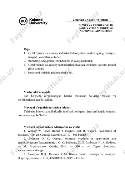 biznes va tadbirkorlik faoliyatida marketing va tovarlarni sotish — DOC