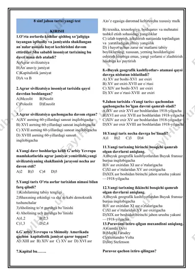 8 sinf jahon tarixi yangi test — DOC