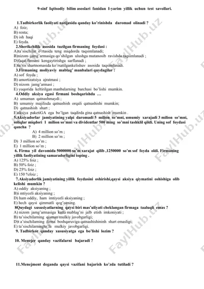 9-sinf iqtisodiy bilim asoslari fanidan i-yarim yillik test savollari — DOC