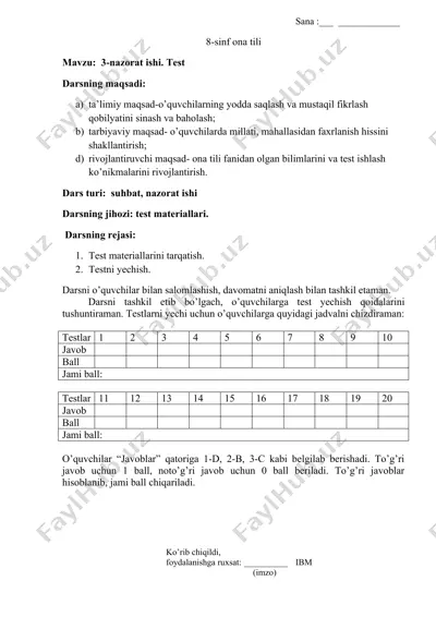 8-sinf ona tili nazorat ishi test materiallari — DOC