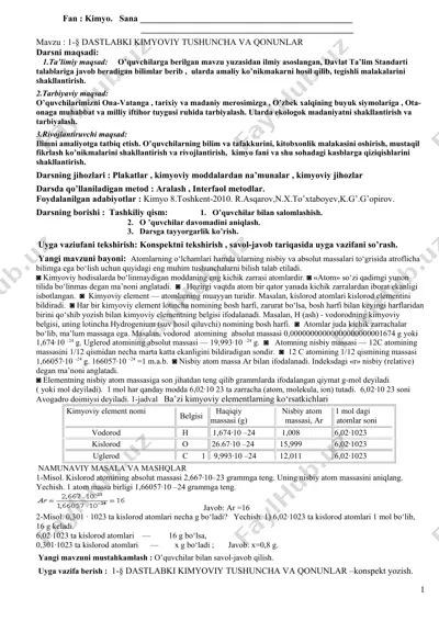 kimyo fanidan ta'lim soatlarining dasturi — DOC