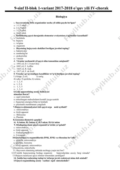 9-sinf ii-blok 1-variant 2017-2018 o’quv yili iv-chorak — DOC