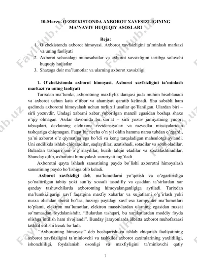 o‘zbekistonda axborot xavfsizligining ma’naviy huquqiy asoslari — DOC