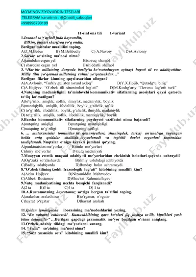 mo`minov ziyovuddin testlari — DOC