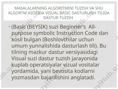 masalalarning algoritmini tuzish va shu algortm asosida visual basic dasturlash tilida dastur tuzish — PPTX