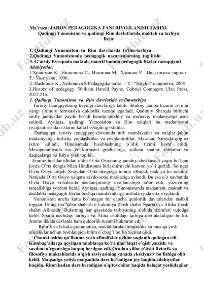 jahon pеdagogika fani rivojlanish tarixi — DOC