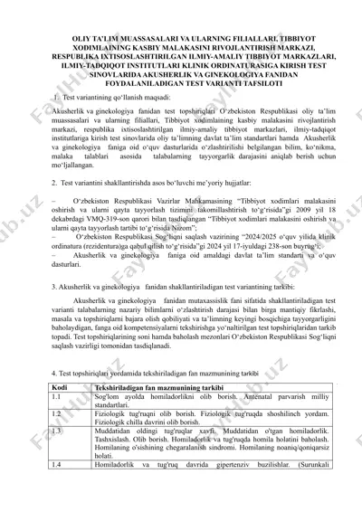 akusherlik va ginekologiya fanidan test varianti tafsiloti — DOC