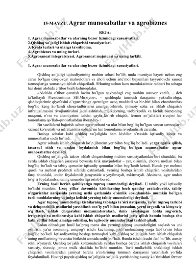 agrar munosabatlar va ularning bozor tizimidagi xususiyatlari — DOC